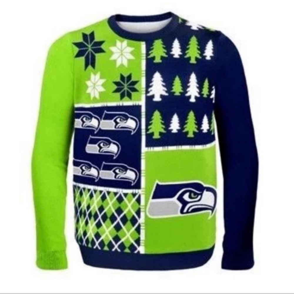 Seattle Seahawks NFL Christmas Sweater Navy Green Patch Ugly Holiday Party-XL